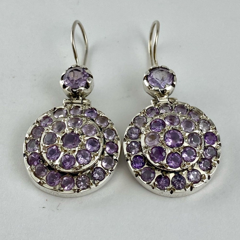 Vintage Amethyst and Silver Medallion Drop Earrings - Picture 2 of 8